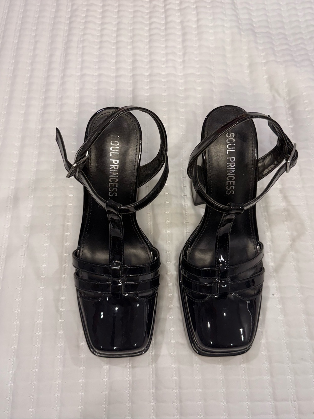 Black Patent Ankle-Strap Square-Toe Heels